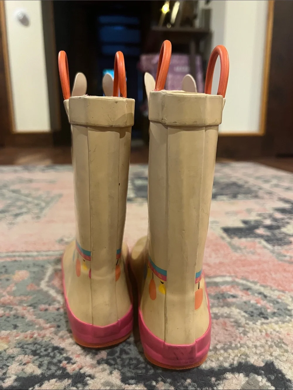 Kids Beige & Pink Llama Rain Boots with Colorful Flower Accents